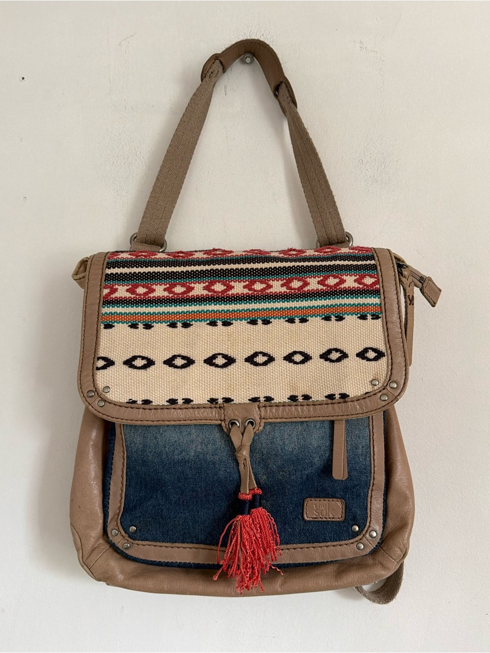 The Sak Boho Canvas & Denim Backpack Purse - Tan, Cream, Blue, Red